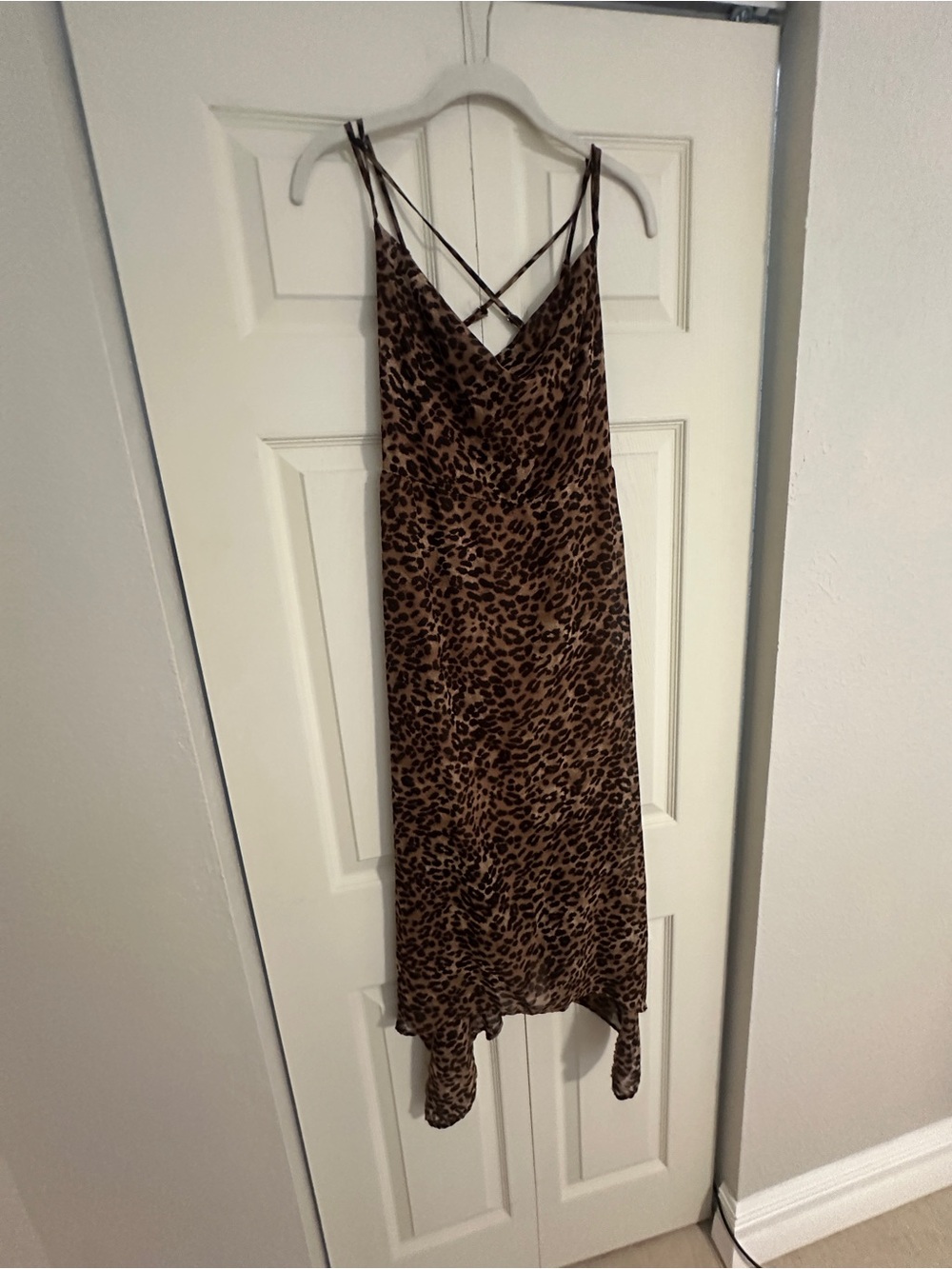 wild fable Brown Leopard-Print Asymmetrical Slip Dress with Crisscross Straps